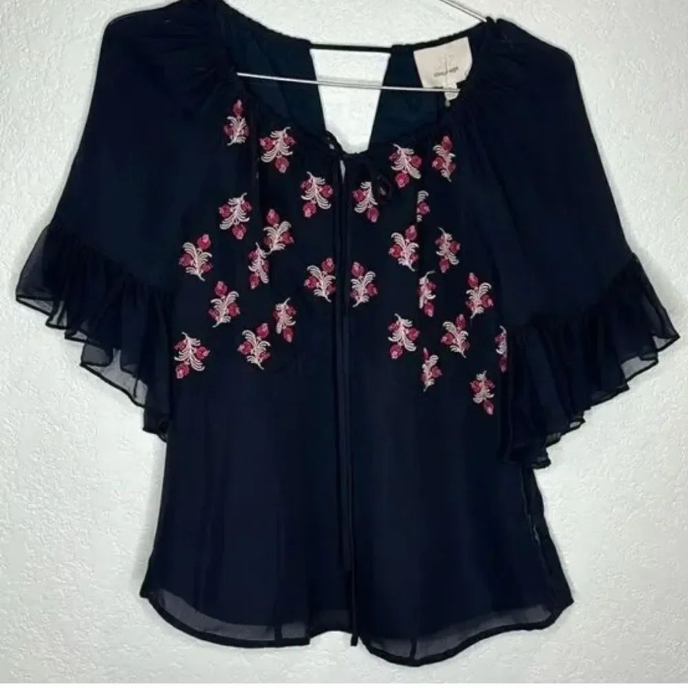 Cinq à Sept silk Daria Split Neck Blue Blouse with Pink Embroidery extra small - Picture 3 of 10